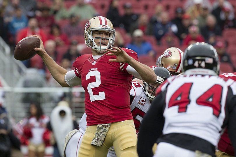November 8, 2015; Santa Clara, CA, USA; San Francisco 49ers quarterback Blaine Gabbert (2) passes the football against Atlanta Falcons defensive end Vic Beasley (44) during the first quarter at Levi's Stadium. Mandatory Credit: Kyle Terada-USA TODAY Sports
