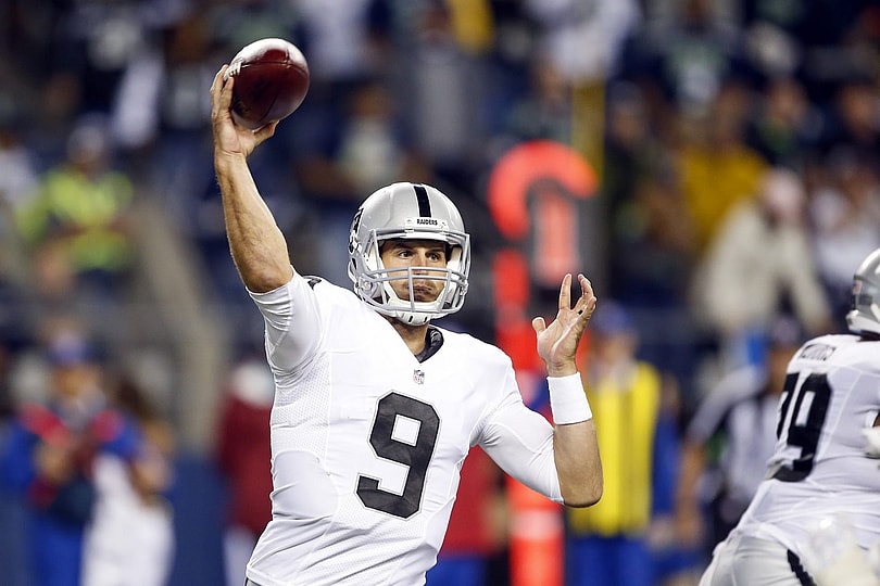 Sep 3, 2015; Seattle, WA, USA; Oakland Raiders quarterback Christian Ponder (9) throws against the Seattle Seahawks during the fourth quarter at CenturyLink Field. Mandatory Credit: Joe Nicholson-USA TODAY Sports