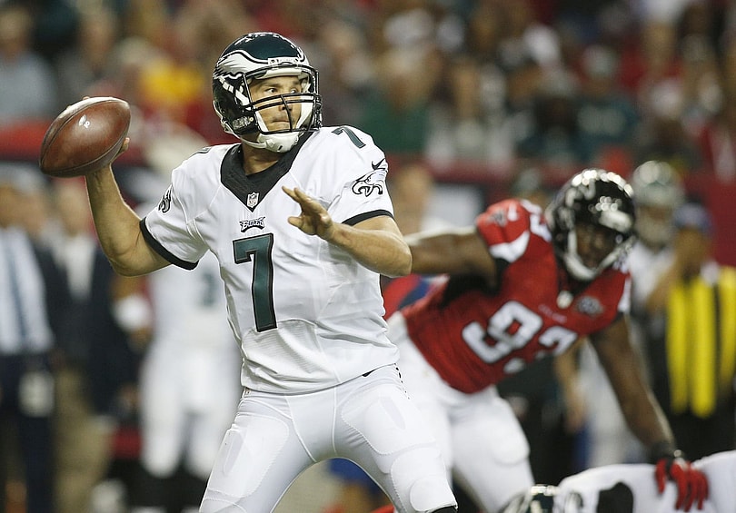 Sep 14, 2015; Atlanta, GA, USA; Philadelphia Eagles quarterback Sam Bradford (7) sets to throw the ball against the Atlanta Falcons in the second quarter at the Georgia Dome. Mandatory Credit: Brett Davis-USA TODAY Sports