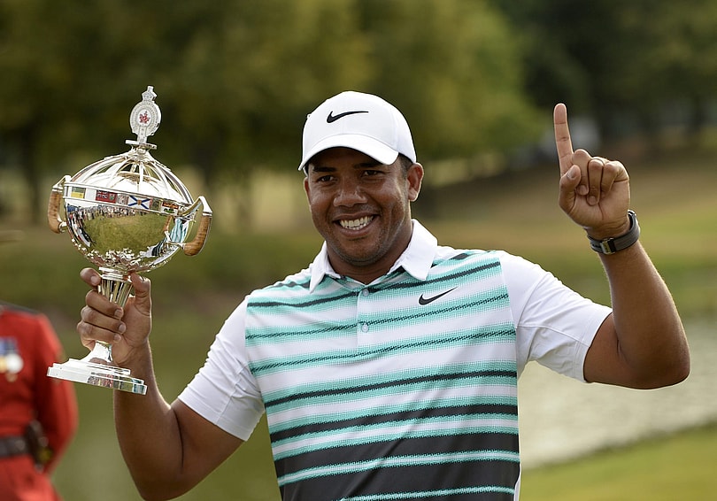 Jul 24, 2016; Oakville, Ontario, CAN; Jhonattan Vegas (VEN) with the champions trophy after winning the RBC Canadian Open golf tournament at Glen Abbey Golf Club. Mandatory Credit: Eric Bolte-USA TODAY Sports 