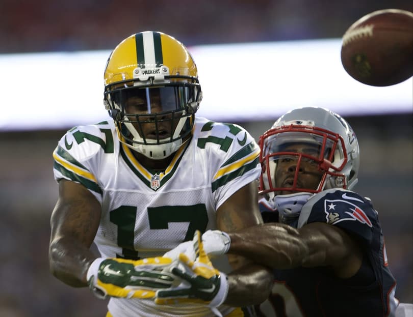 Aug 13, 2015; Foxborough, MA, USA; New England Patriots strong safety Malcolm Butler (21) defends against Green Bay Packers wide receiver Davante Adams (17) during the first quarter in a preseason NFL football game at Gillette Stadium. Mandatory Credit: David Butler II-USA TODAY Sports