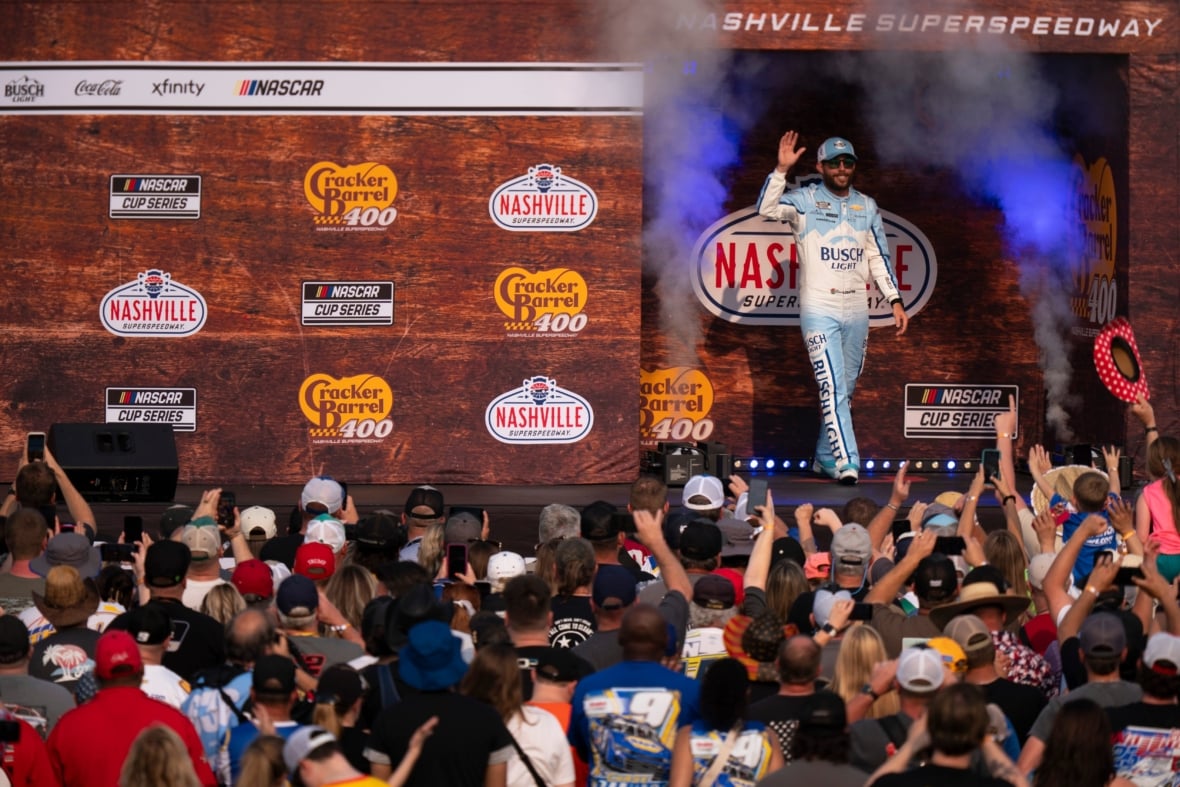 NASCAR Cup Series driver Ross Chastain (1) is introduced before the Cracker Barrel 400 NASCAR Cup Series race at Nashville NASCAR Entry List Nashville, Cracker Barrel 400