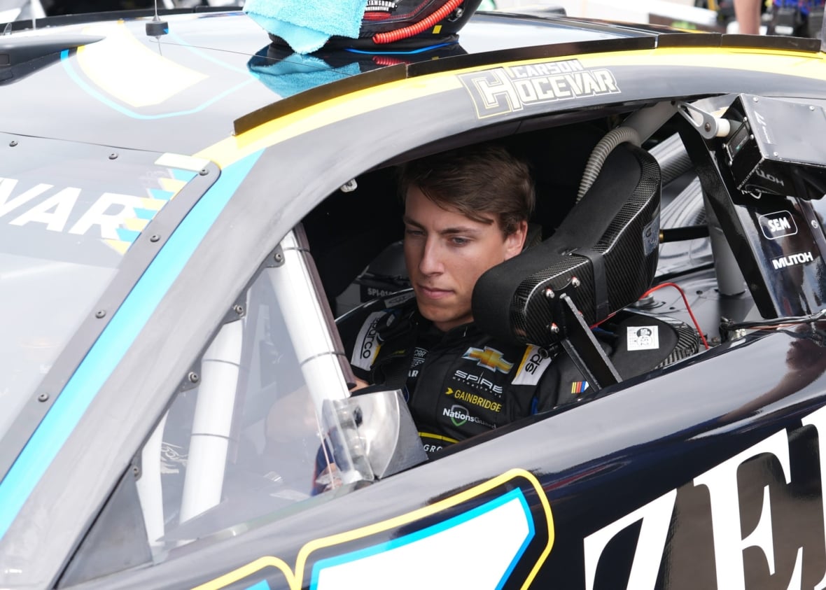 Carson Hocevar sits in his car during Saturday’s practice for the FireKeepers Casino 400 at Michigan International Speedway. Carson Hocevar sits in his car during Saturday