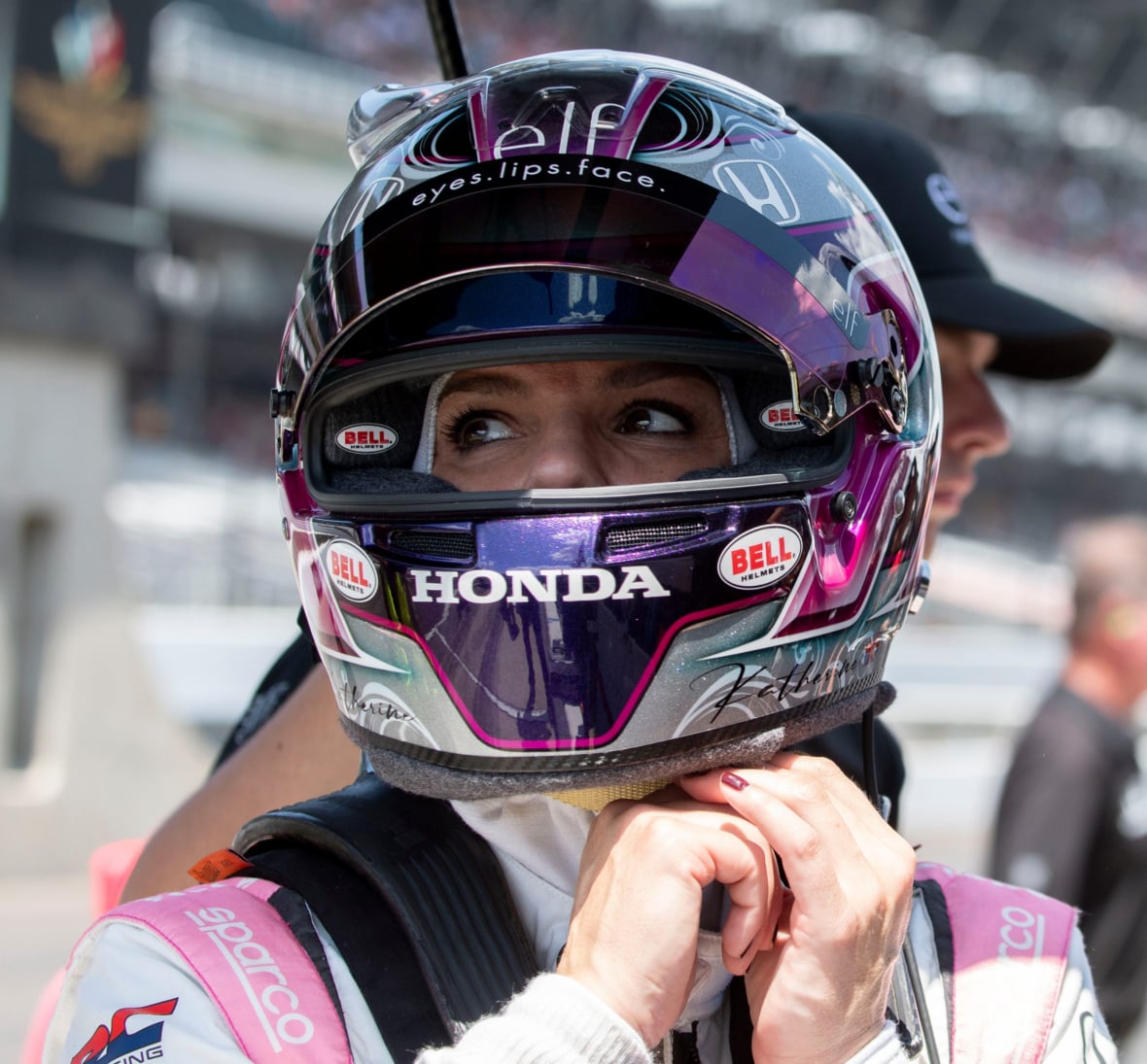 Dale Coyne Racing with RWR driver Katherine Legge (51) takes off her helmet Sunday, May 19, 2024, during practice ahead of